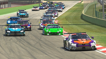 Image of race cars taking a corner in iRacing.