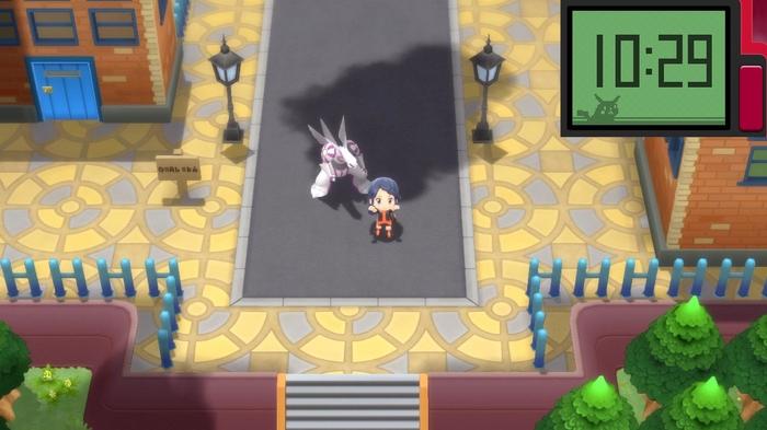 A Pokémon trainer and their Palkia at the southern exit of Jubilife City, with the Pokétch reading the time in the upper right-hand corner of the screen in Pokémon Brilliant Diamond and Shining Pearl.