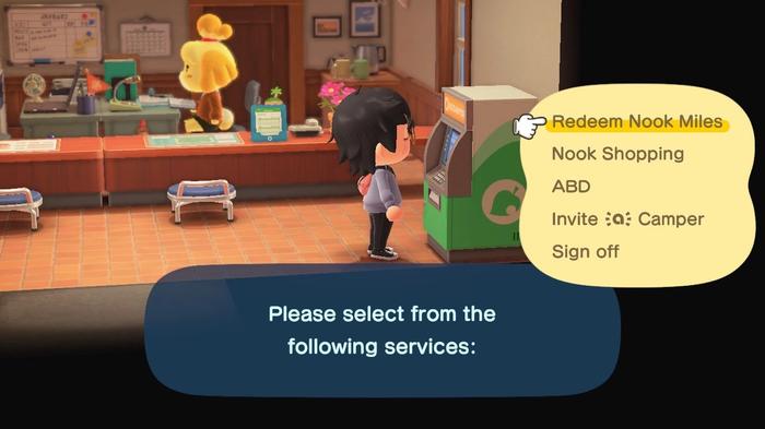 A player at the Nook Stop Terminal in the Resident Services building about to Redeem Nook Miles, in Animal Crossing: New Horizons.