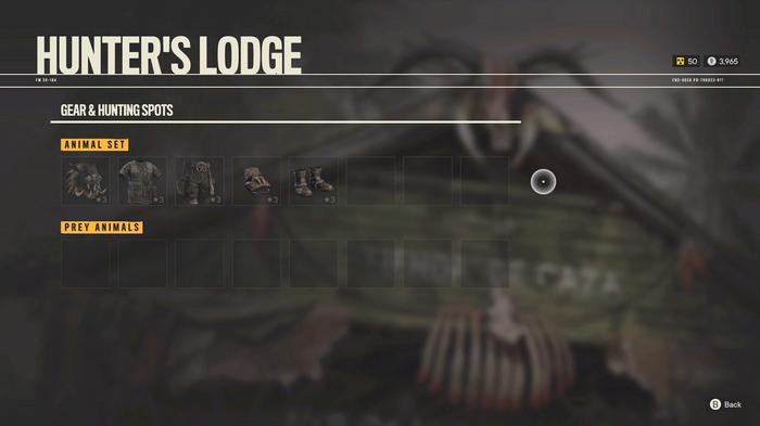 The contents of the Far Cry 6 Hunter's Lodge, including an animal set known as the Primal Gear set.