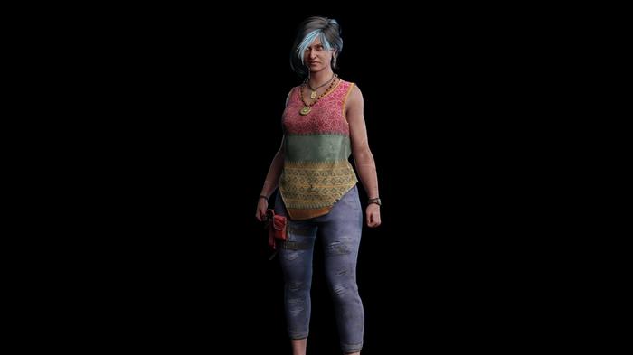A 3/4 view of Haddie Kaur, showing off her whole outfit and what she looks like. An indian woman, wearing a striped vest and blue jeans.