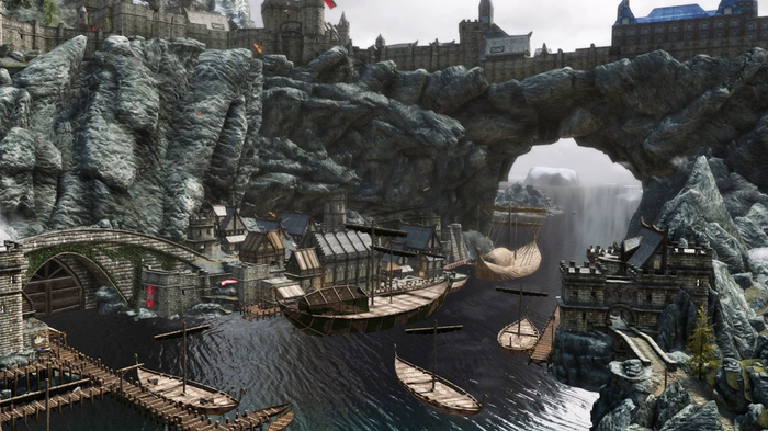image of the city of Solitude from Bethesda's Skyrim.
