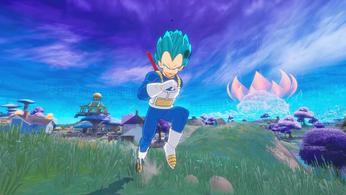A Dragon Ball Z character running across a field in Fortnite.