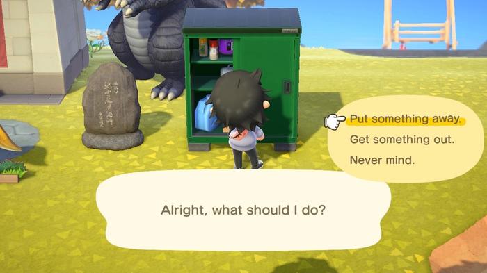 A player using the Storage Shed in Animal Crossing: New Horizons.
