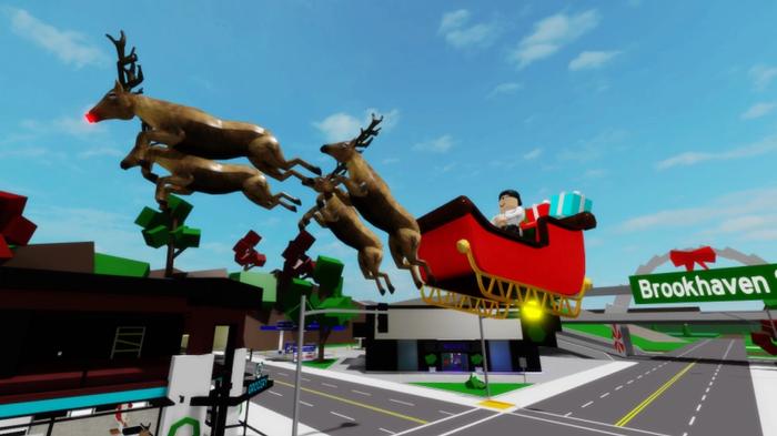 A screenshot of Brookhaven featuring a player-controller flying sleigh and reindeer.
