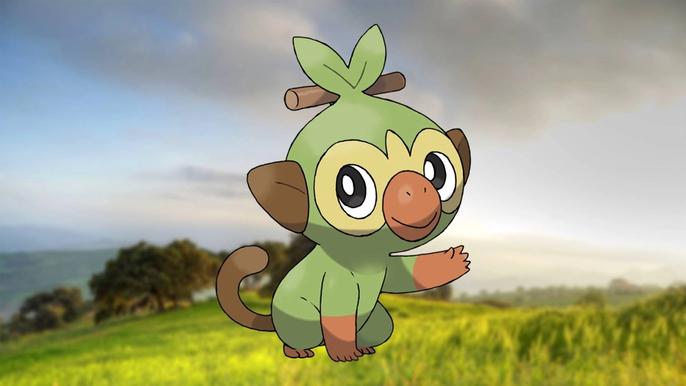 Grookey against a grassy field background in Pokemon