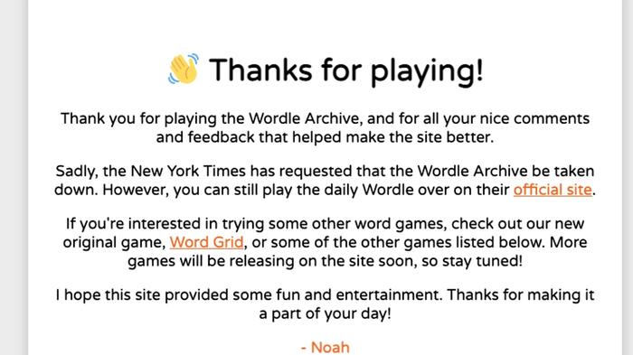 Image of a message announcing the closure of the Wordle Archive website.