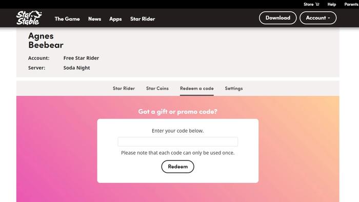 Screenshot of the site where you can redeem codes.