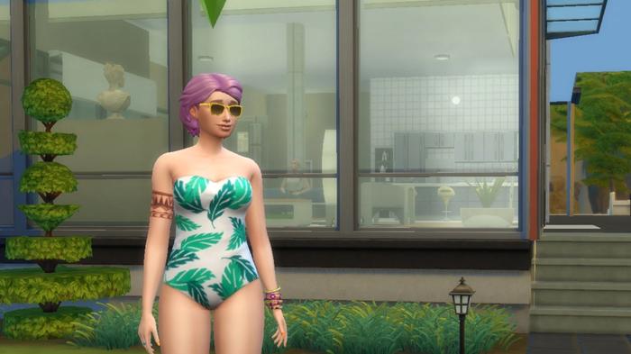 Sims 4. A sim with purple hair is standing outside an expensive mansion in their swimming outfit. 