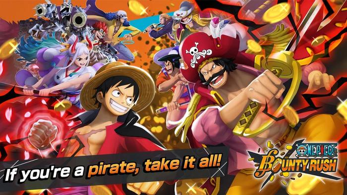 Luffy posing with a cast of characters in the One Piece: Bounty Rush game.