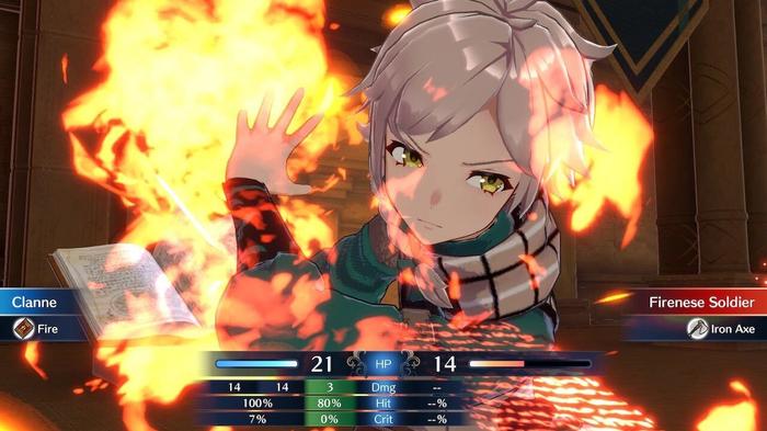 Clanne scoring a critical hit with Fire in Fire Emblem Engage.
