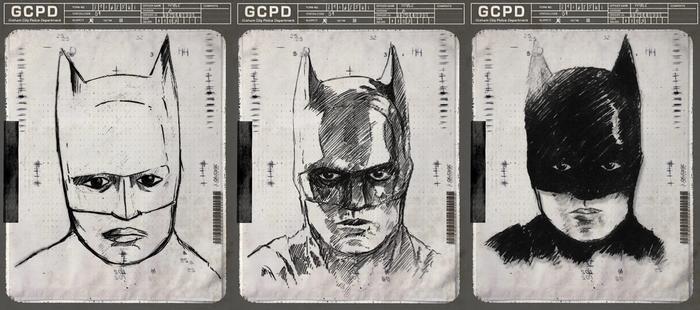 Three rough sketches of the Batman, going from light to dark.