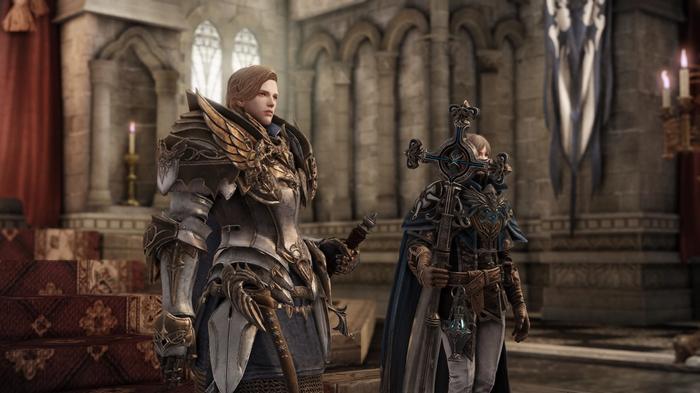 Two characters in heavy armour in Lost Ark.