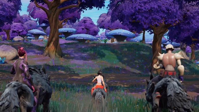 Image of Fortnite characters riding towards giant mushrooms.