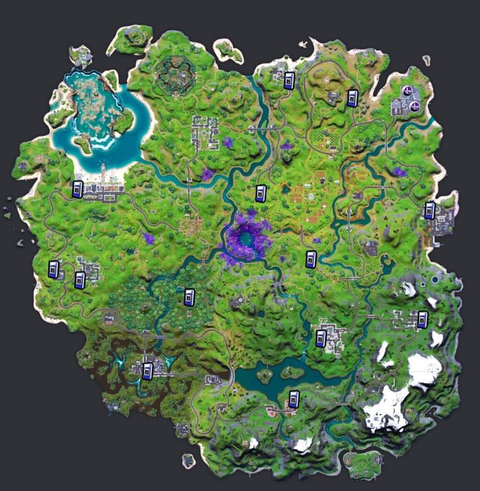 Map showing the location of all the Free Guy x Fortnite ATMs on the island. 