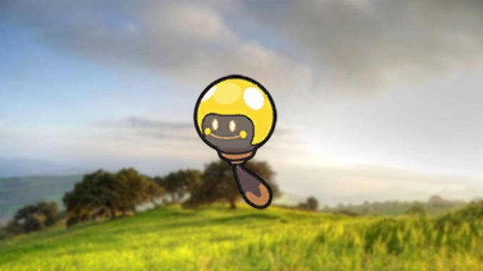 The Pokemon Tadbulb against a grassy hill background