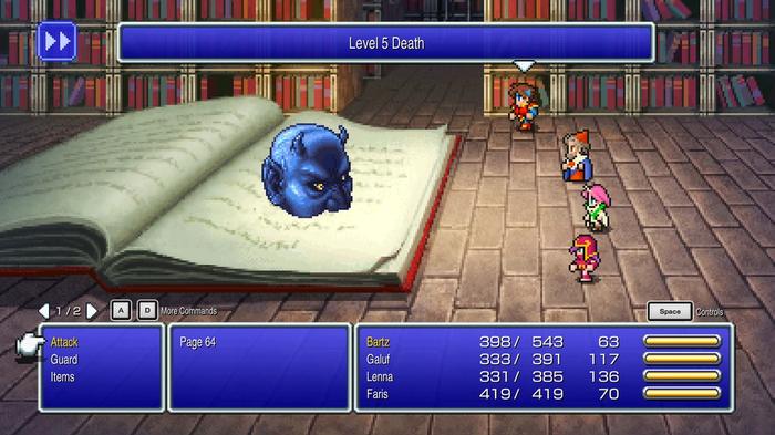 A battle in Final Fantasy 5 Pixel Remaster where the party faces a powerful, magic-wielding foe using the Death spell