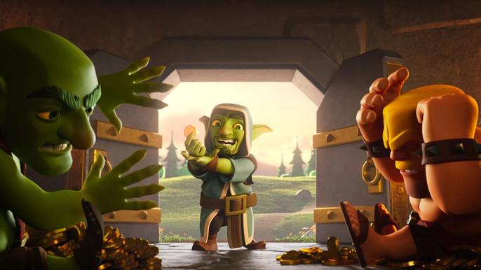 Screenshot from Clash of Clans, showing three characters looking at a pile of gold
