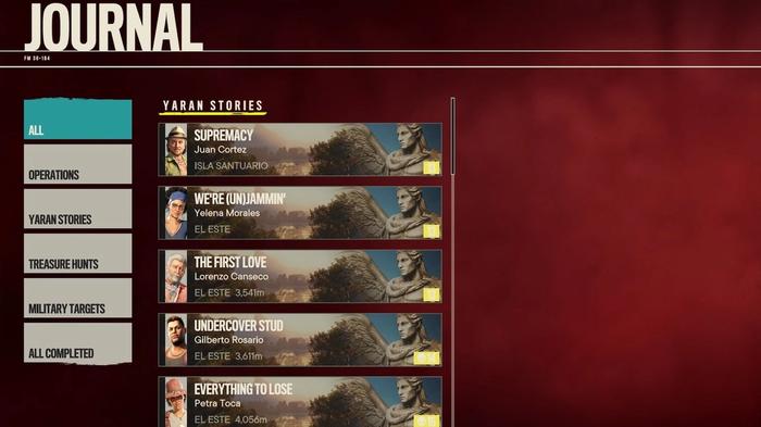 The journal in Far Cry 6, with various missions and operations to complete.