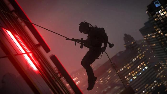 Image showing Modern Warfare 2 player abseiling down skyscraper