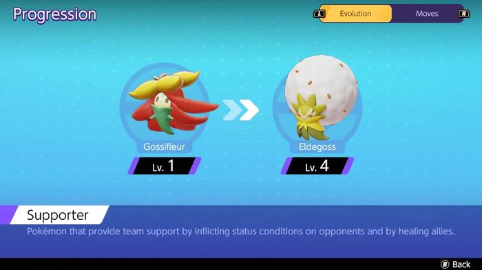 The progression screen showing when Pokémon Unite Eldegoss evolves.