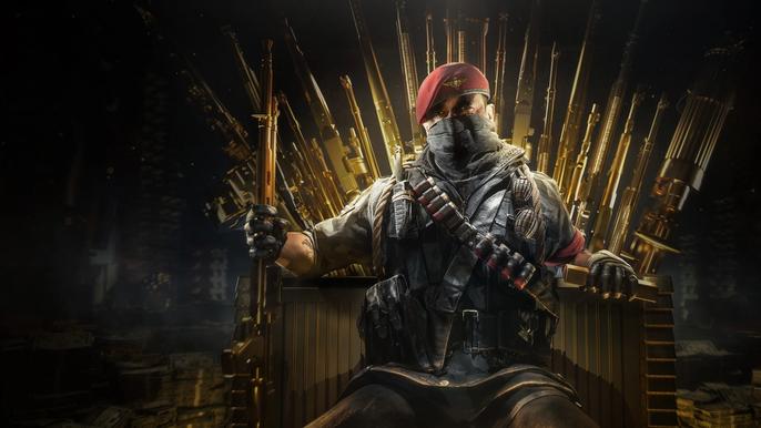 Image showing Butcher sat on throne of gold-plated weapons