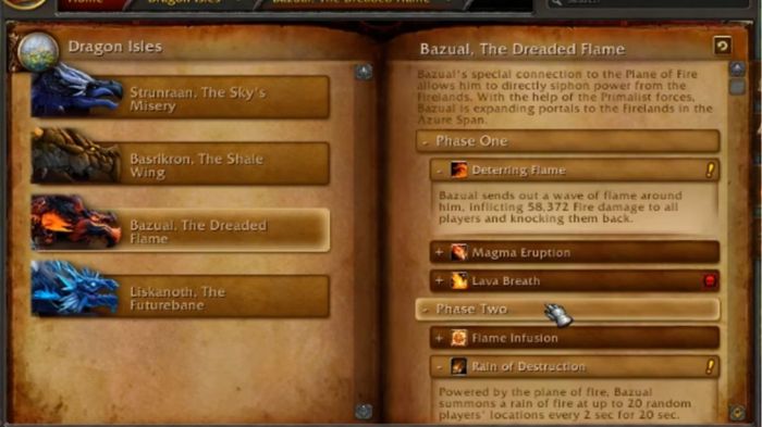 Bazual, The Dreaded Flame in the index in WoW Dragonflight.