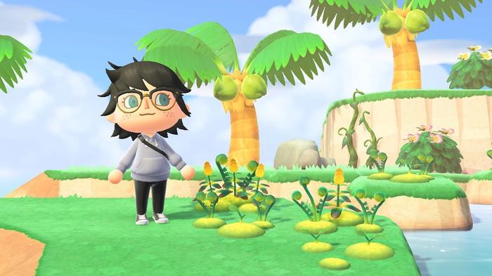 A player on a Kapp'n island tour, on an island filled with glowing moss and vines, in Animal Crossing: New Horizons.