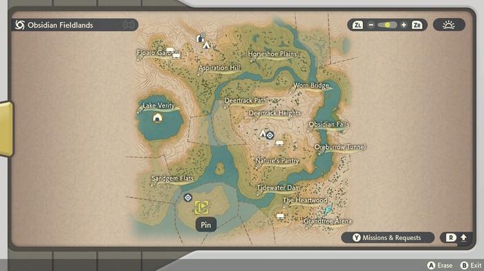 Landorus' location in Obsidian Fieldlands in Pokémon Legends: Arceus.