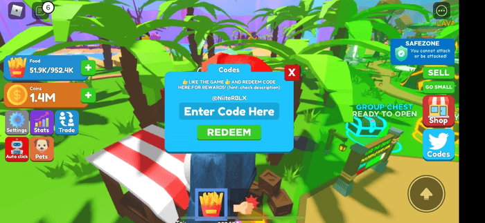 Eating Simulator codes redeem screen, with a green field covered by a text box