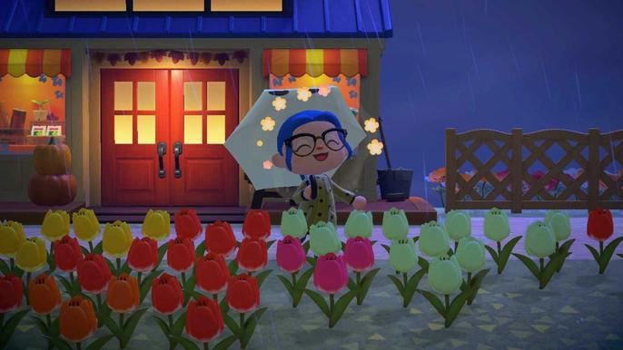 A player in front of Nooks Cranny with hybrid flowers, including pink tulips, in Animal Crossing: New Horizons.