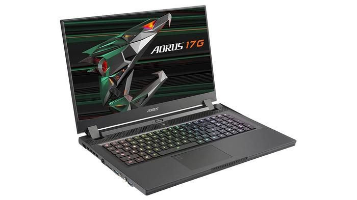 Best laptop for Modern Warfare 2 - Gigabyte AORUS 17G product image of a dark grey laptop with backlit keys and a mech animal on the display.
