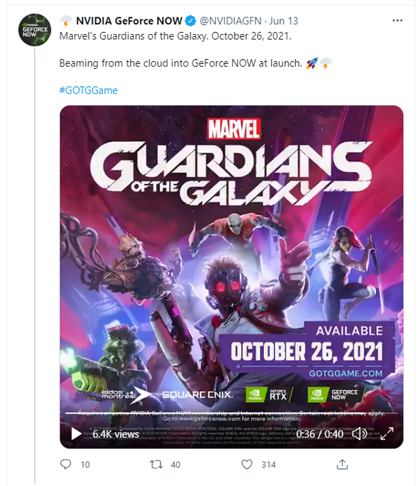 Screen shot showing that Guardians of the Galaxy will come to GeForce Now