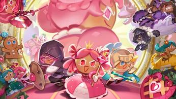 Screenshot of characters from Cookie Run: Kingdom, with cookie-based characters and a pink background
