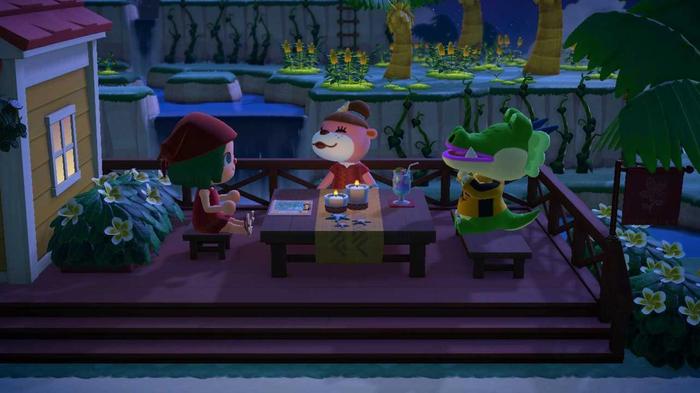 Animal Crossing New Horizons Happy Home Paradise Client Meeting at night. From left to right is the player, Lottie and the client. 