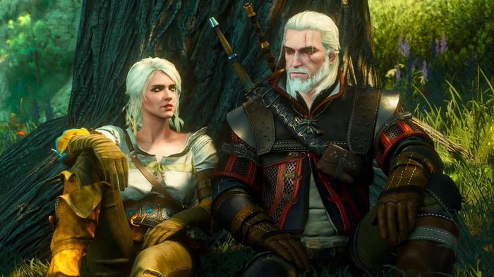 Geralt and Ciri talking by a tree in The Witcher 3: Wild Hunt.