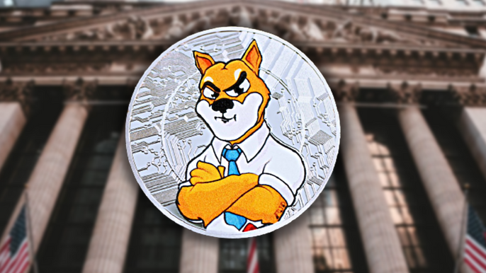 Shiba Inu Coin (SHIB) Logo in front of New York Stock Exchange.