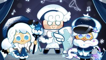 Screenshot from Cookie Run: Kingdom, showing various cookies in frosty winter clothing