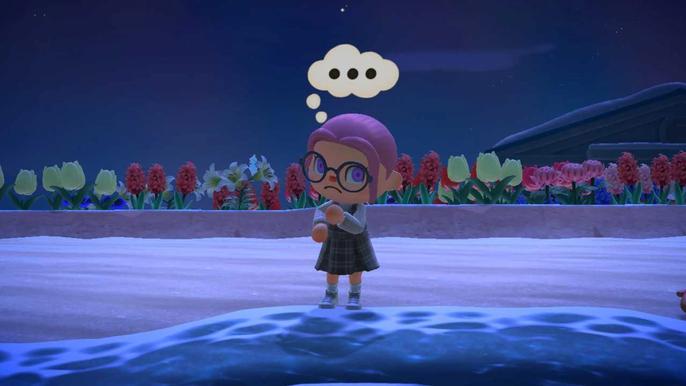 Animal Crossing New Horizons Player standing on beach while thinking. It is night. A thought bubble is above their head. 