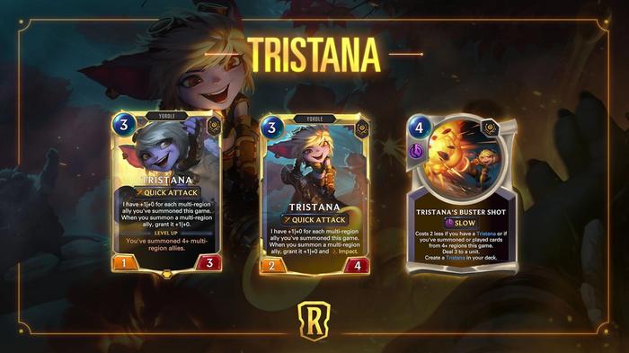 Image showing Tristana's cards in Legends of Runeterra, as well as her Tristana's Buster Shot spell.