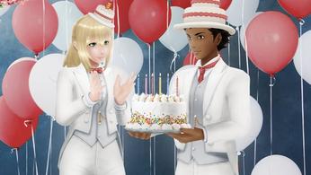 Image of two trainers celebrating with a cake in Pokémon GO.
