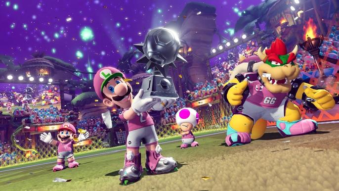 Image of Luigi, Bowser, Toad, and Mario lifting a trophy in Mario Strikers: Battle League.