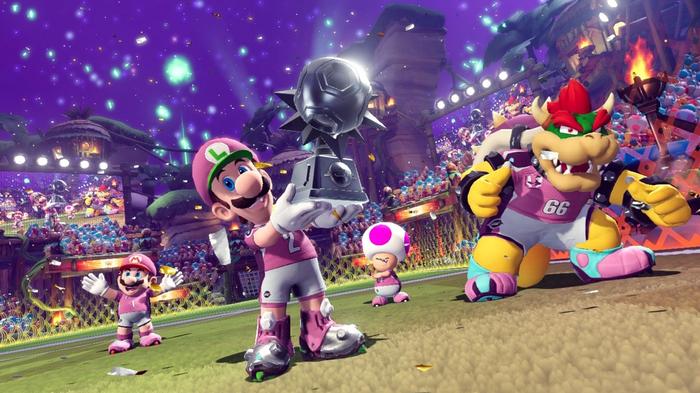 Image of Luigi, Bowser, Toad, and Mario lifting a trophy in Mario Strikers: Battle League.