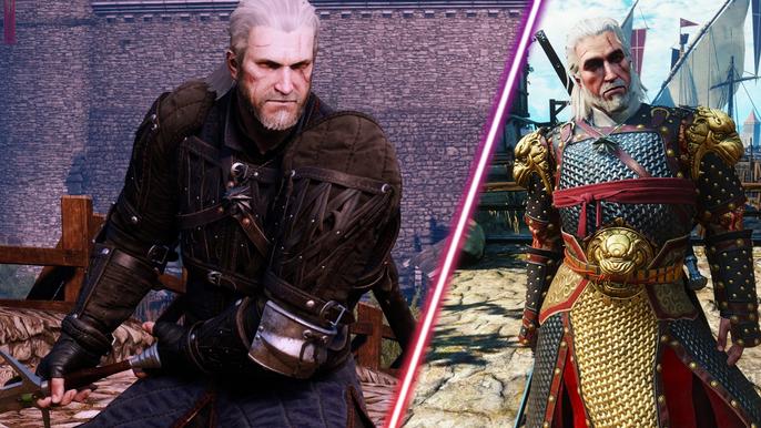 Geralt from The Witcher 3 wearing the next-gen update armours.
