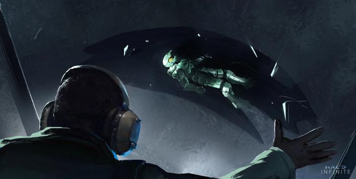 A man looks through a window at a laying-down Master Chief.