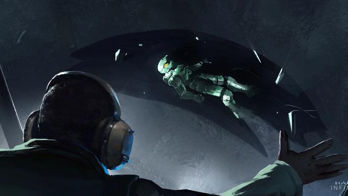 A man looks through a window at a laying-down Master Chief.