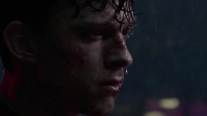 Close-up of Tom Holland's bloody face.