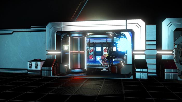 The vendor, in a Space Station of No Man's Sky, where players can buy Exosuit upgrades and increase their storage capacity.