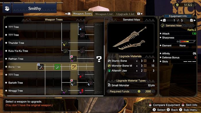 Weapon crafting screen in Monster Hunter Rise, highlighting weapon Affinity