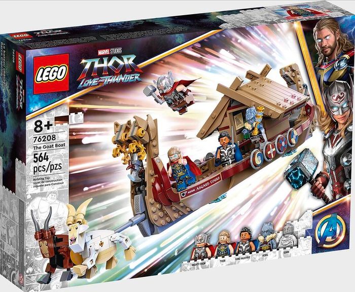 THOR lego set shows the box, which has a brown boat travelling at full speed.